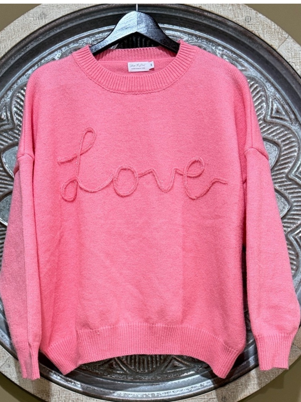 NWOT Pink 'Love' Oversized Crewneck Sweater - Soft Knit Pullover Texture LOVE - Picture 3 of 5